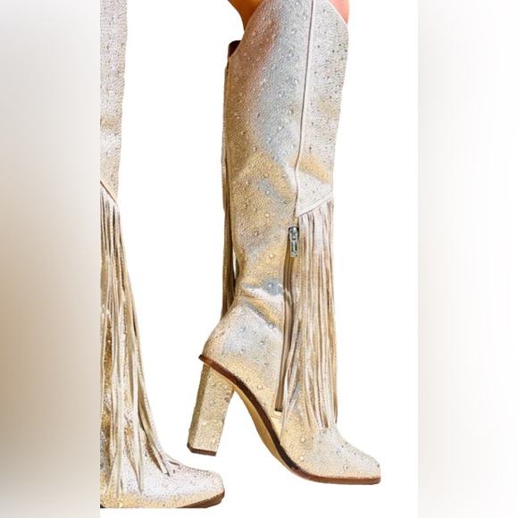 NWOT Jessica Simpson Gold Asire2 Rhinestone Embellished Fringe Boots, Sz… - Picture 3 of 14